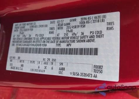 2017 Ford Escape Se from USA, damaged, VIN 1FMCU0GD1HUD05159